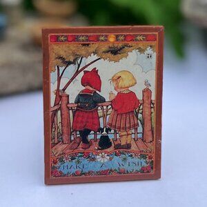 Vintage Mary Engelbreit "Make a Wish" Two Friends Wooden Brooch Pin (SIGNED)